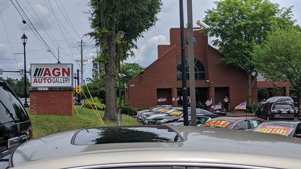 Storefront view from traffic light.