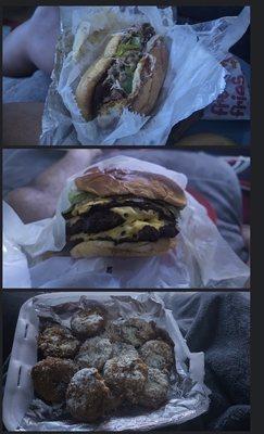 Top to Bottom  1. Philly cheese steak add xtra cheese, bacon, egg 2. Spicy Crazy Burger 3. Fried Oreos