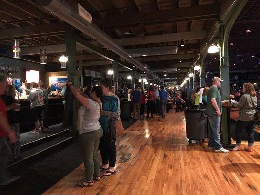 Bar/food service area, looking toward rear of the ballroom. Gen. admission seating/standing room only to the left, seats on right.