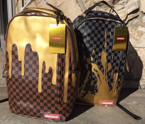 Sprayground backpack x brown checkered gold drips and black liquid drips  @caprobot little tokyo LA