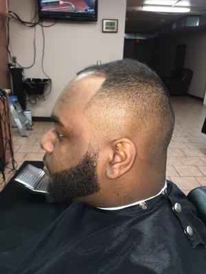 Shadow fade with color enhancement on the beard and hairline by Mike.