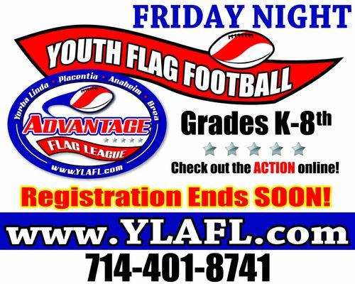 Friday Night Youth Flag Football Kindergarten thru 8th grade divisions of play, Co-ed.Family-friendly, fast-paced, fun, flag football.