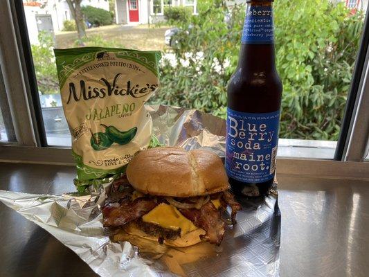 Enjoy our gourmet burgers with Maine Root Beverages and Miss Vickie's chips!