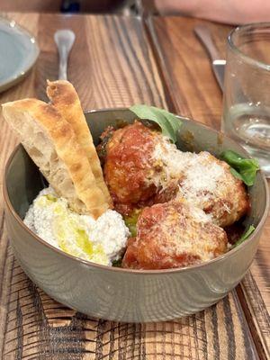 Sal's Meatballs (meatballs, tomato sauce, whipped ricotta di bufala, basil)