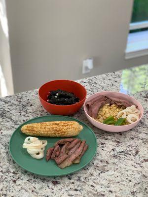 Sweet corn, rib eye and grilled onions