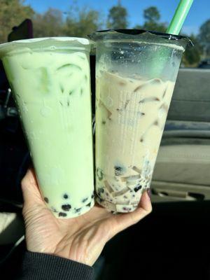 Honeydew milk tea and qq happy family milk tea