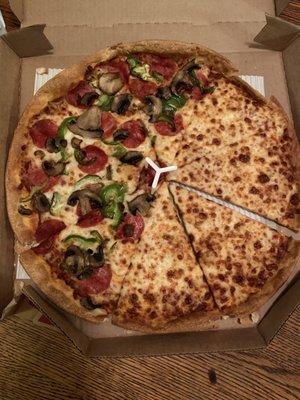 Delivery, thin crust, large, half cheese, half pepperoni, mushrooms, green peppers