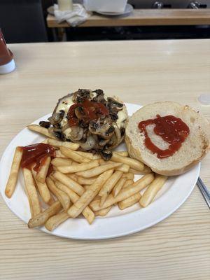 Mushroom Swiss Burger with Fritjes