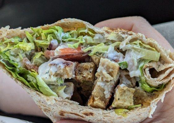 Gyro made on a whole wheat wrap instead of a pita