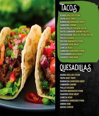 Menu - Tacos and quesadillas