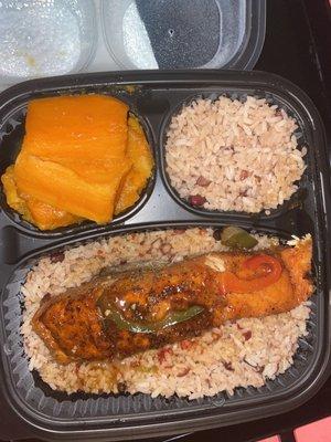 Large Salmon Fish with Rice and Beans and candied yams