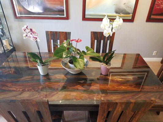 We like to keep orchids and other plants on the table when they are flowering.  This way, no worries about water stains.