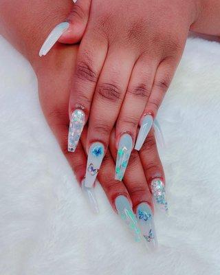 Glowing blue and white nails art