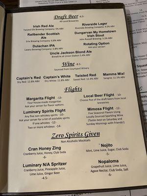 Drinks menu