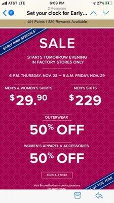 Email says Early Bird Sale at 6 p.m. We sat staring at a dark store. The mall outlet office dictated that stores open at 8 p.m.