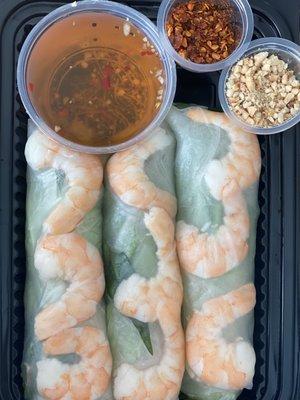 Spring rolls with cured pork, 1.5" diameter, very large, very good with the fish sauce mixed with the peanuts and chili! $7.00