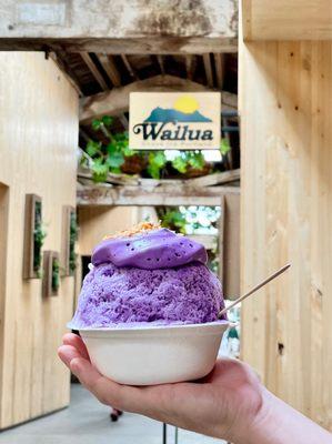 Ube shave ice with vanilla ice cream