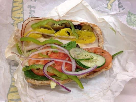 This is a really sad sandwich as a takeout order. I don't understand subway is suppose to promote healthy and veggies.