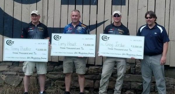 Congrats to Tommy, Larry & Greg -- 2013 Champions of Colt 3 Man 3 Gun tournament!  R.J. Contorno from Colt presenting check