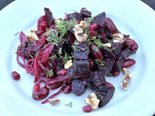 Winter salad, roasted beets, toasted walnuts, kidney beans, red cabbage, pickled onion, lime vinaigrette. (vegan and GF)