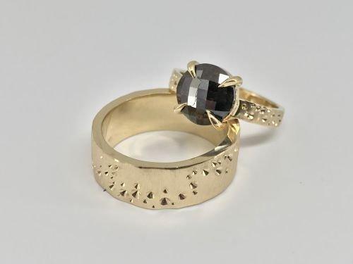 Hand made yellow gold and black diamond wedding set rings