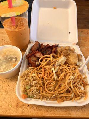 Combo with egg drop soup, orange chicken, bbq pork, chow mein, and fried rice -- $9.98!!