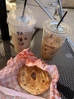 Blended Vanilla Bean, Iced Vanilla Latte with Almond Milk, Everything Bagel