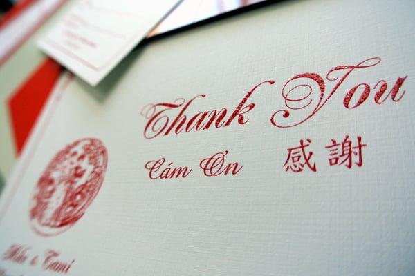 Wedding thank you cards in three different languages