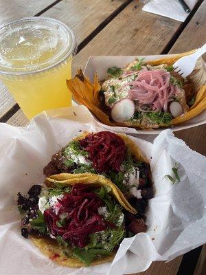 Borscht tacos and lamb stroganoff tamale with coconut lime aqua fresca