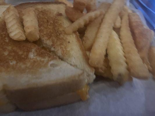 Who ordered this?? Ugh!! Grilled cheese. Lol hubby said it was aight. Fries were tasty