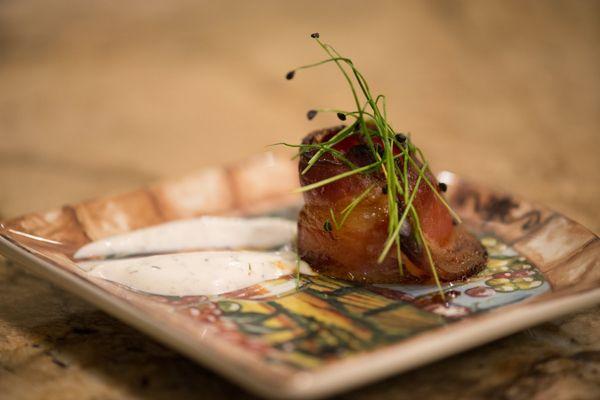 Bacon Wrapped Scallop with a Lemon, Garlic & Dill Sour Cream Sauce, Appetizer. www.ChefChrisLaVecchia.com