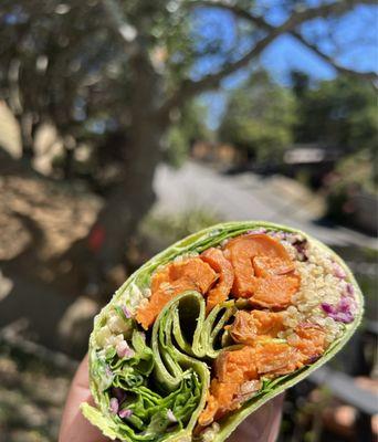 Veggie wrap with roasted yams, spinach, red cabbage cous cous, red cabbage ~