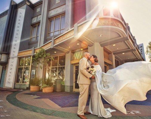 Kiss from the movies.... in front of the arclight in Downtown Culver City. Wedding day photography