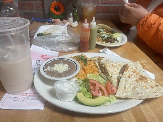 Chicken quesadillas, mixed tacos, horchata