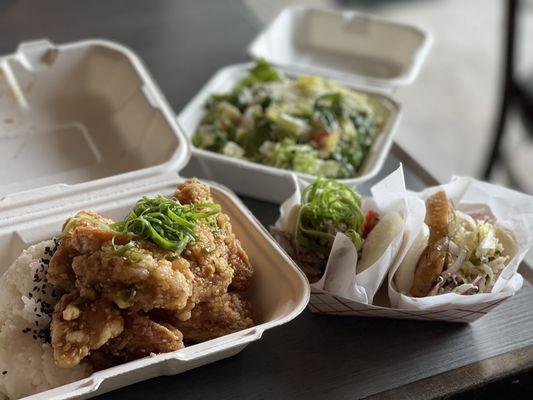 Hawaiian Style Fried Chicken w/ chop chop salad. Pork Belly and kalua pork Bao. I would definitely order again. Yummy...