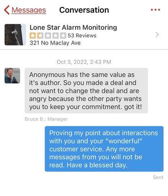 Message from Lone Star and response.