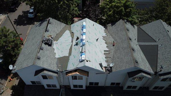 Drone picture of underlayment (paper) in process of being laid down. (Photos courtesy Portland Quality Roofing)