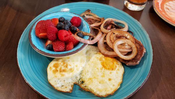 Steak and eggs (with fruit)