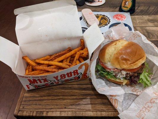 Lamb burger and sweet potato fries