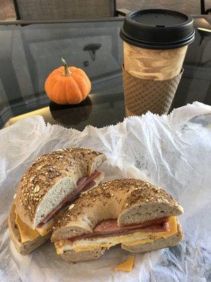 Taylor ham, egg, and cheese on multigrain bagel!