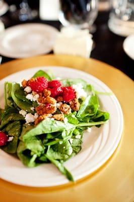 An elegant SF wedding with sit down dinner service including a pre-plated raspberry spinach salad