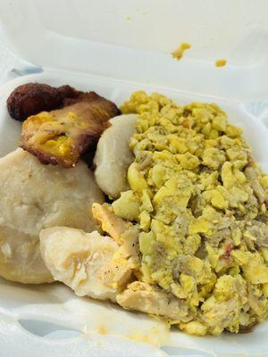 Small Ackee and Cod Fish plate with "provision " and sweet Fried Plantains