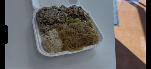 Bangus Sisig, lechon Sisig, garlic rice, and pancit