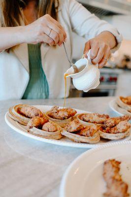 Chicken + Waffles on mini waffle baskets