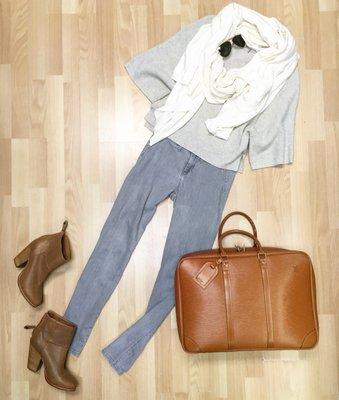 Robert Rodriguez sweater, Donna Karan shawl, Louis Vuitton luggage, Rag & Bone boots, RayBan aviators