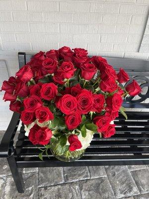 Red roses with white hydrangeas