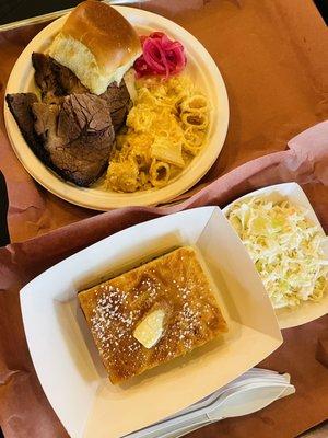 Beef Brisket w Mac and Cheese, Bread and Coleslaw