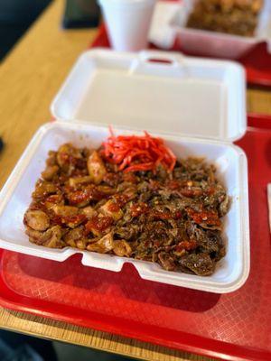 Large half & half bowl. Spicy chicken spicy beef.