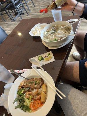 Combination pho and noodles with grilled pork and shrimp