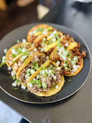 Pollo, asada, pastor tacos